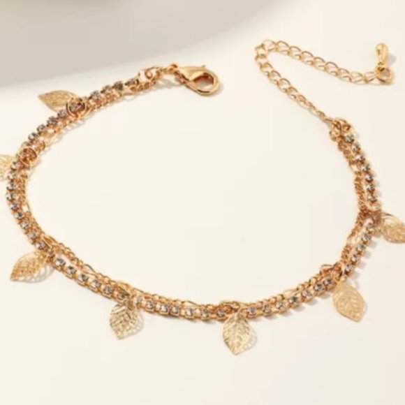 Leaves and Rhinestones Goldtone Ankle Bracelet - Picture 3 of 5